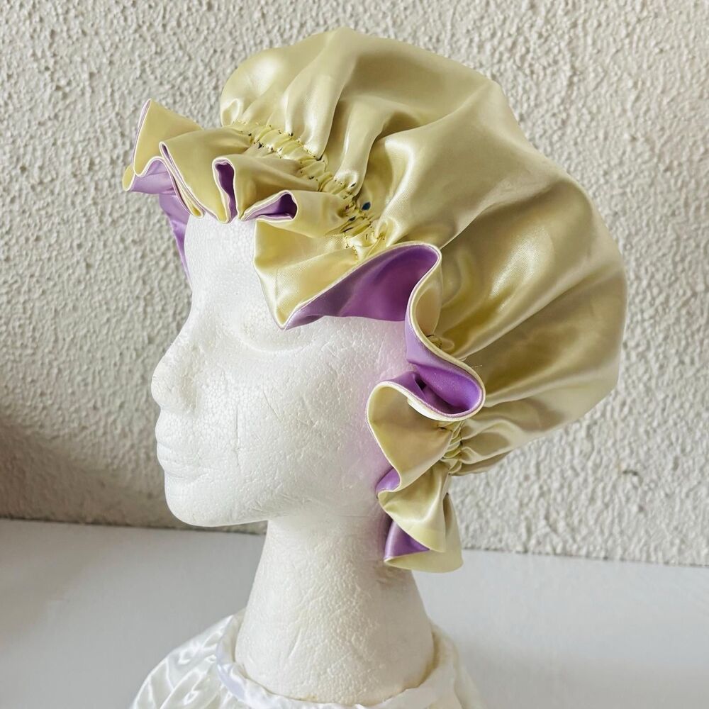 Reversible Satin Sleep Bonnet Hat – Purple & Yellow – Extra Large, Elastic Fit - Picture 11 of 16
